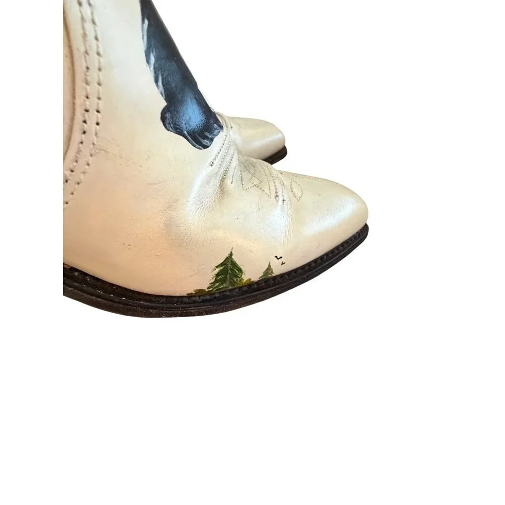 Sears Vintage Mens Hand Painted Coyote Boots Size 8 D Cream Leather Western OOAK